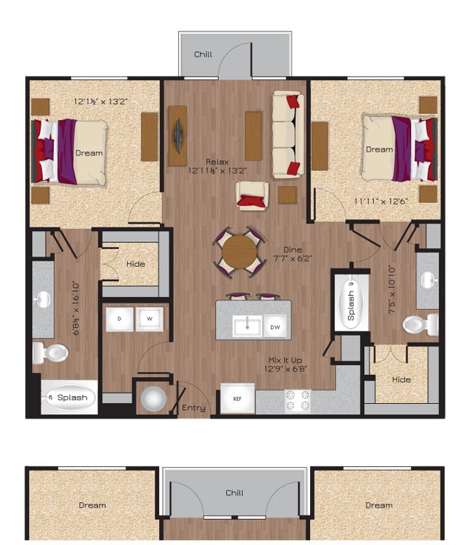 Floor plan for 2 beds, 2 baths, 1110 sqft